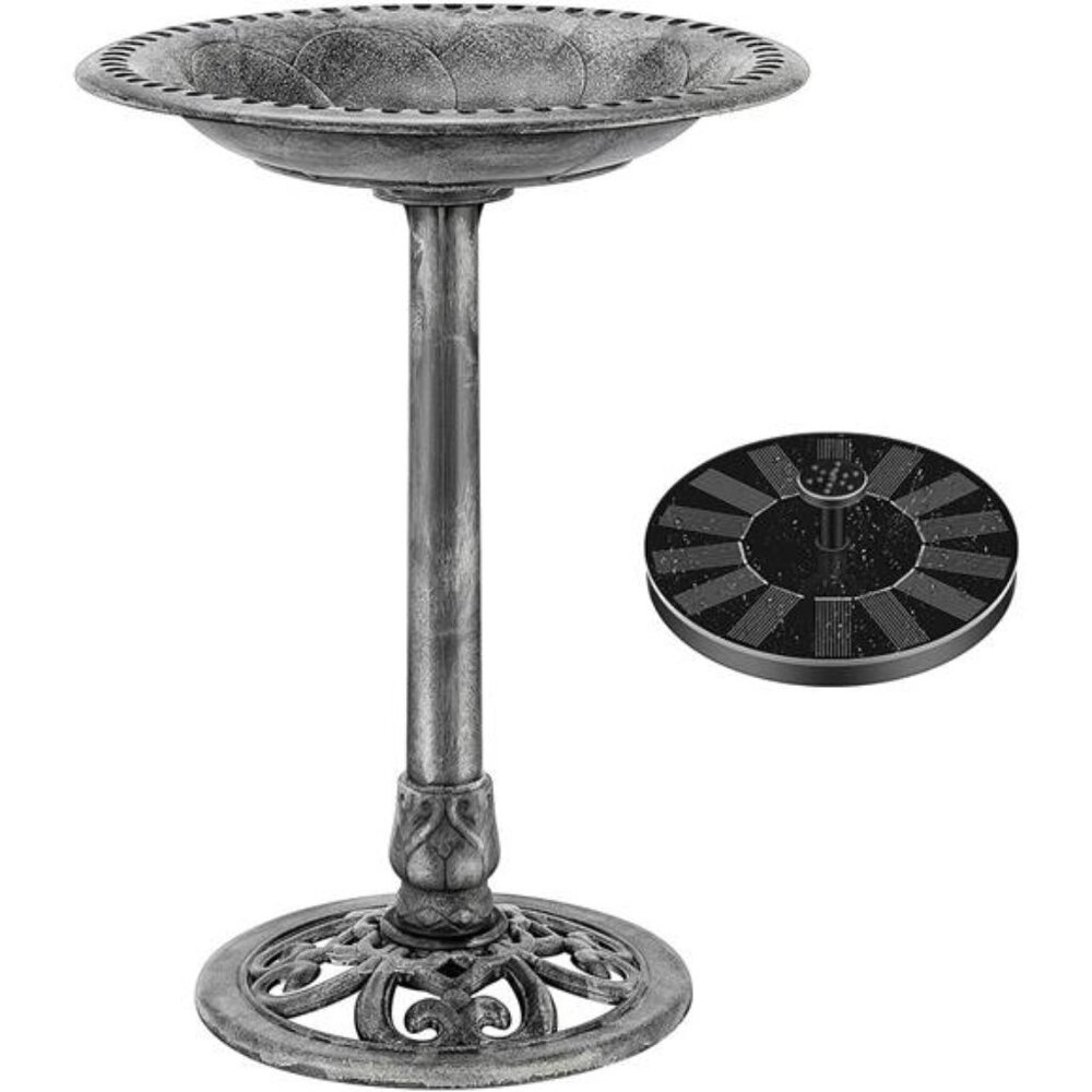 Polyresin Antique Outdoor Gray Garden Bird Bath and Solar Powered